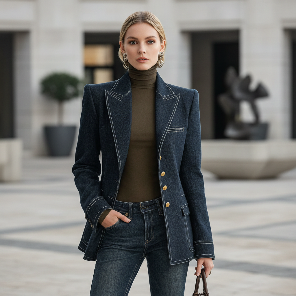Marinblå Jeansjacka Dam | Retro Topstickad Ytterplagg