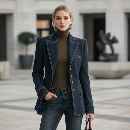 Marinblå Jeansjacka Dam | Retro Topstickad Ytterplagg