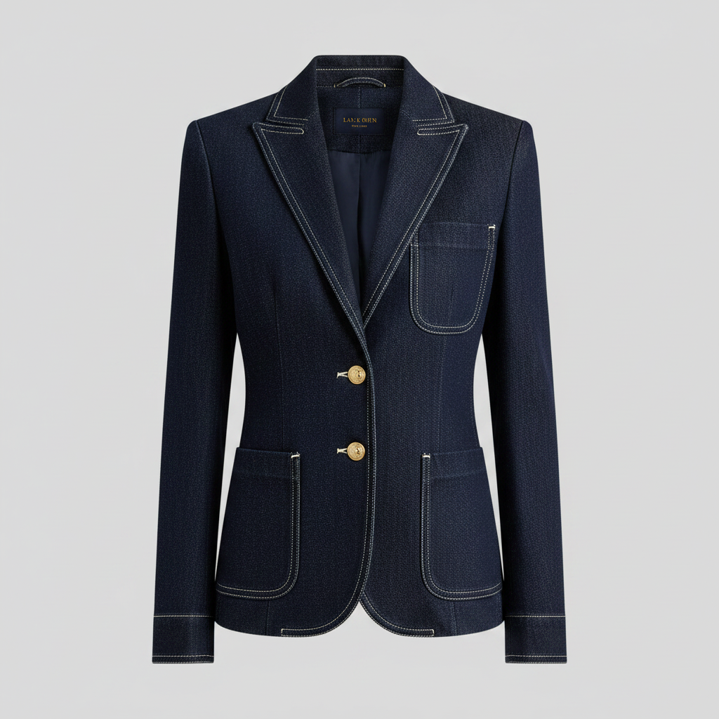 Marinblå Jeansjacka Dam | Retro Topstickad Ytterplagg