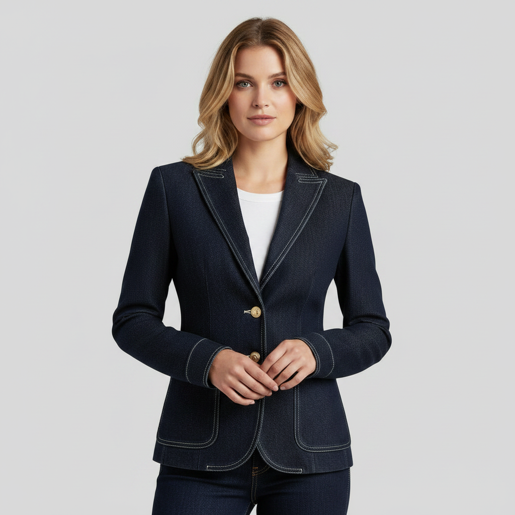 Marinblå Jeansjacka Dam | Retro Topstickad Ytterplagg