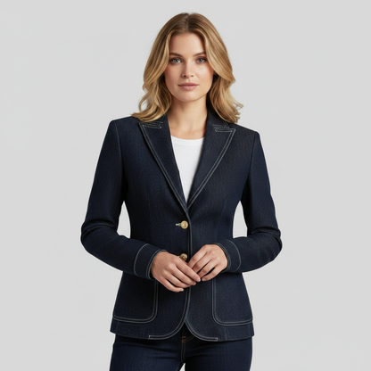 Marinblå Jeansjacka Dam | Retro Topstickad Ytterplagg