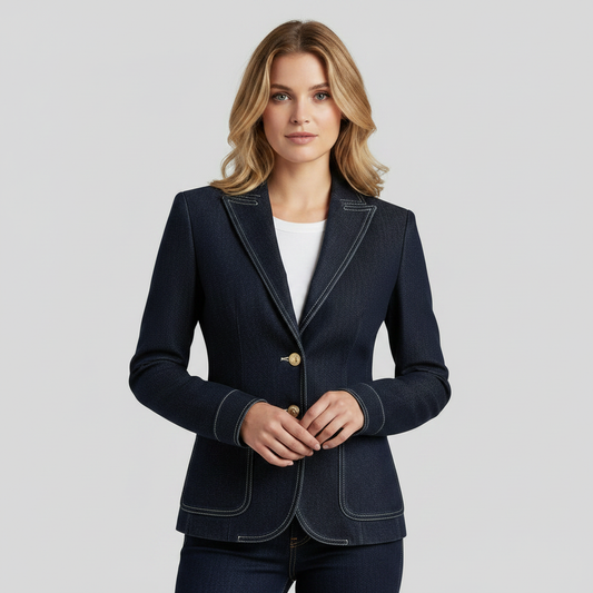 Marinblå Jeansjacka Dam | Retro Topstickad Ytterplagg