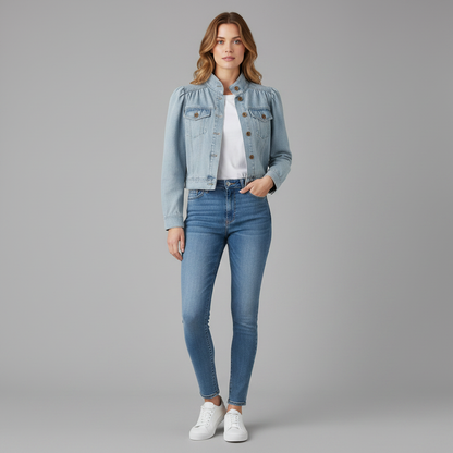 Retro Blå Jeansjacka Dam | Enkelknäppt Casual Jacka